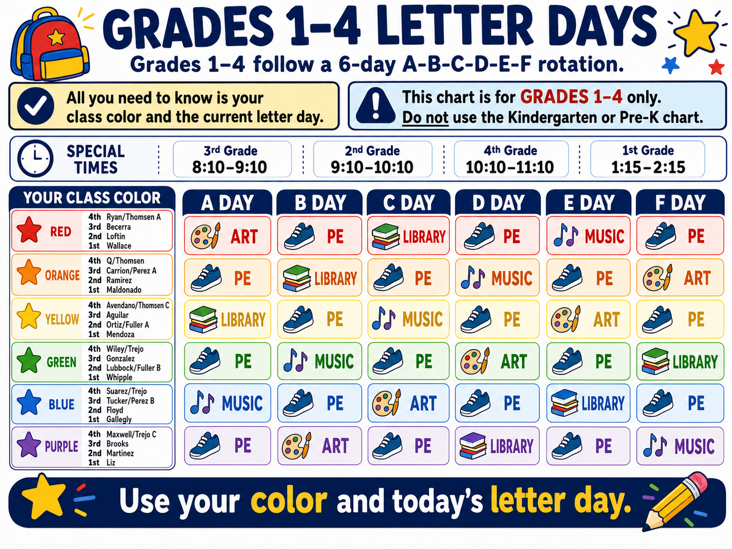 Grades 1-4 letter days chart — 6-day A-B-C-D-E-F rotation by class color